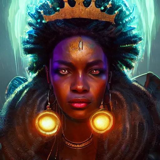 Prompt: a dark and ominous african queen with glowing eyes and a golden crown with a ruby crying tears of gold in a thunderstorm, Apex Legends character digital illustration portrait design, by android jones and greg rutkowski in a cyberpunk voodoo style, detailed, cinematic lighting, wide angle action dynamic portrait