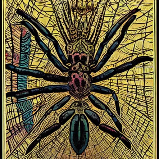 Image similar to a girl with a spider, colored woodcut, poster art, by Mackintosh, art noveau, by Ernst Haeckel