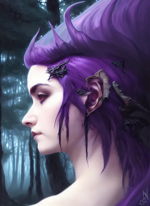 Image similar to side portrait dark witch, adventurer outfit large cloak, fantasy forest landscape, dragon scales, fantasy magic, undercut hairstyle, short purple black fade hair, dark light night, intricate, elegant, sharp focus, illustration, highly detailed, digital painting, concept art, matte, art by WLOP and Artgerm and Greg Rutkowski and Alphonse Mucha, masterpiece