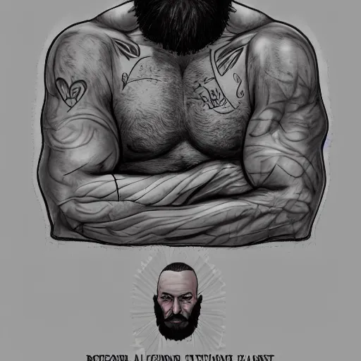 Prompt: A portrait of a bald muscular fighter with a bushy beard and exposed chest with tattoos, he wears brass knucles on his clenched fists, artstation