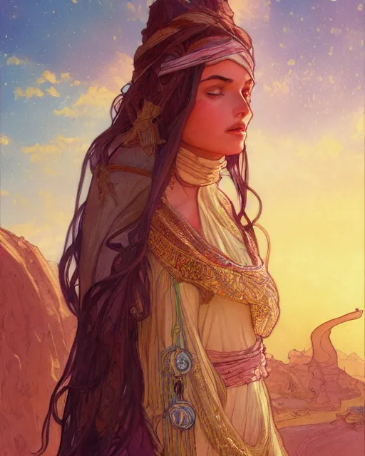 Image similar to bedouin in the desert, highly detailed, gold filigree, romantic storybook fantasy, soft cinematic lighting, award, disney concept art watercolor illustration by mandy jurgens and alphonse mucha and alena aenami, pastel color palette, featured on artstation