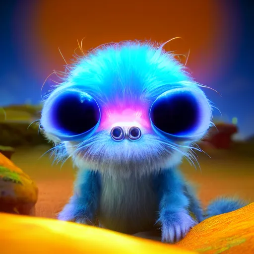 Image similar to tiny furry creature, portrait, micro - organisms, center, symmetric, rim light, marine microbiology, bioluminescence, electric, fur, soft, concept art, intricate details, highly detailed, colorful, photorealistic, disney pixar, octane render, iridescent, anime, 8 k