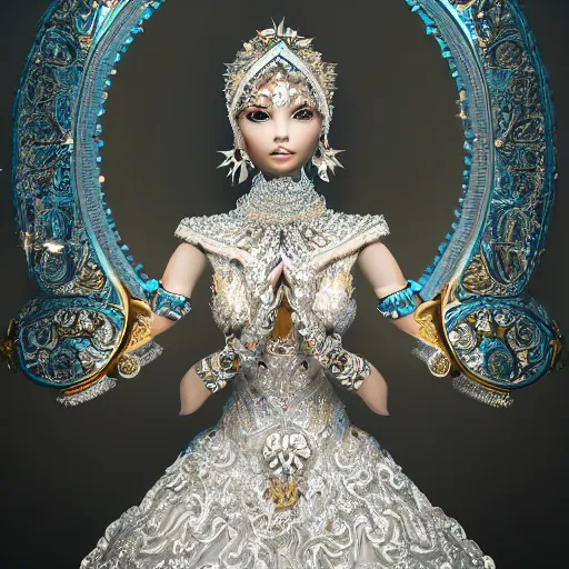 Image similar to portrait of pretty princess with perfect skin, glowing, ornate and intricate diamond jewelry, jaw dropping beauty, ornate and intricate backdrop, white accent lighting, hyper detailed, 4 k octane render