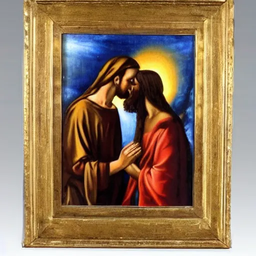 Image similar to 1 8 th oil panting of a jesus kissing a woman