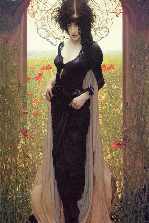 Image similar to masterpiece painting of ephemeral vampire raven haired girl by donato giancola, darius zawadzki and tom bagshaw, face by artgerm and edmund leighton, alphonse mucha, background by james jean and gustav klimt, 8 k, horror, dark color palette, volumetric lighting, porcelain skin, french nouveau, trending on pixiv