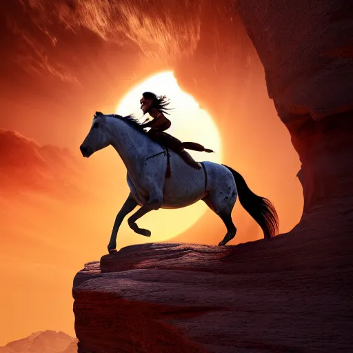 Prompt: spirit, the brown wild horse with white pastern flexion from the spirit movie, with the girl lucky on his back galloping next to a canyon into the sunset, movie poster, intricate detail, 8 k, trending on artstation, octane render