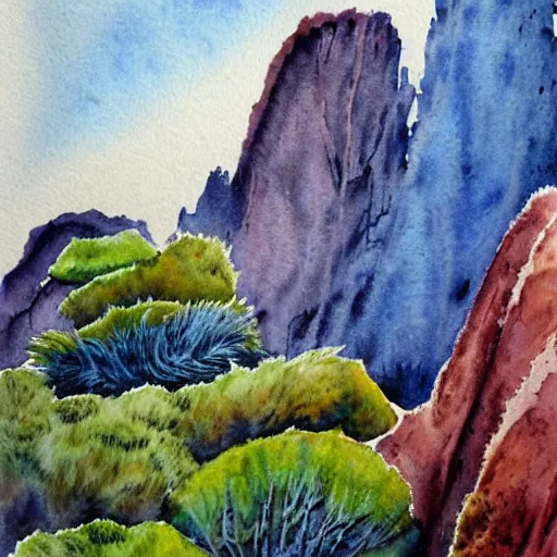 Image similar to detailed watercolor of a lush natural scene on an alien planet by stephen quiller. beautiful landscape. weird colourful vegetation. cliffs and water.