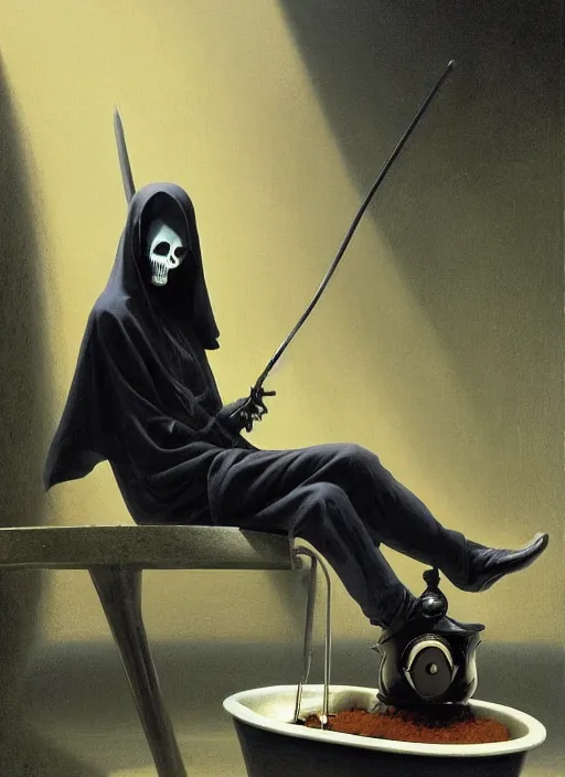 Prompt: a grim reaper chilling in an ashtray, very detailed, perfect composition, perfect lighting, 4 k, jacques - laurent agasse, tim white, artgerm