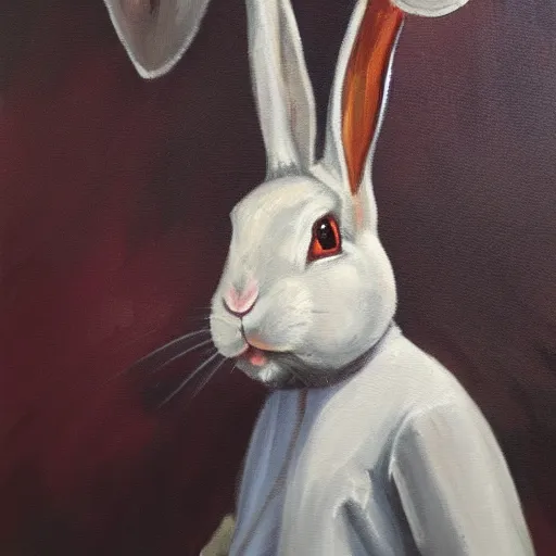 Image similar to rabbit swordman, brush strokes, oil painting