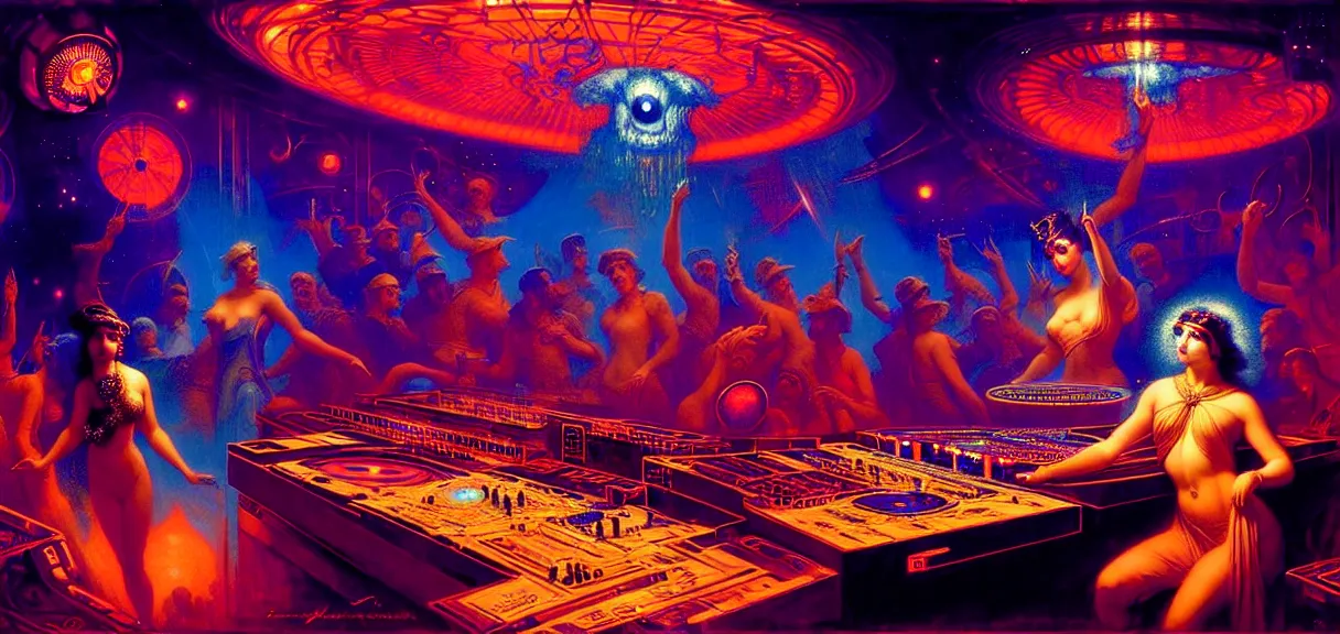 Prompt: future empress of the galaxy at a dj booth, hard lighting, full body, futuristic, neon, luxurious, industrial party, dark blue and orange colors, crowded, smoke, lasers painting by gaston bussiere, craig mullins, j. c. leyendecker, lights, art by ernst haeckel, john william godward, hammershøi