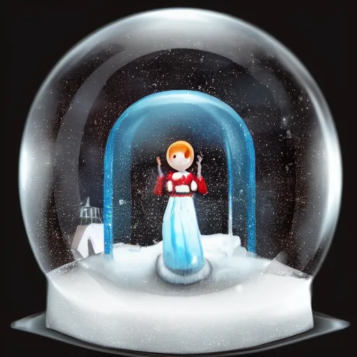 Prompt: A snowglobe with a human trapped inside, the human is terrified banging on the glass, trending on artstation