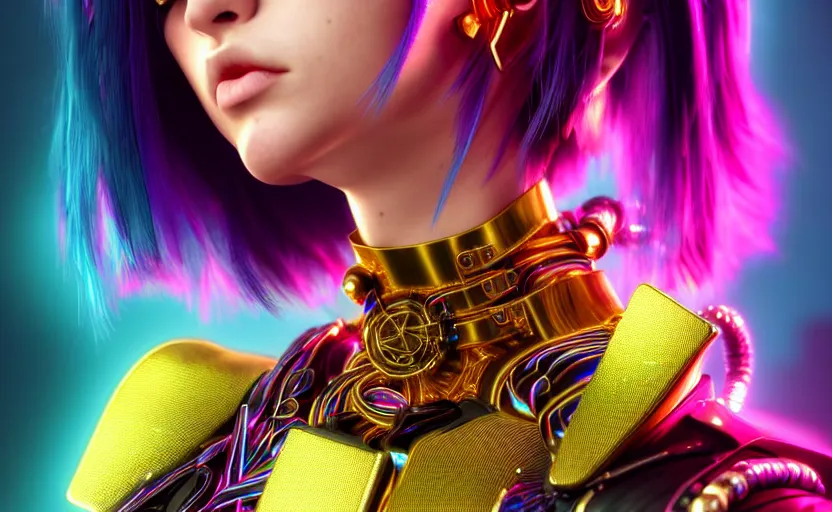 Image similar to hyperdetailed portrait of a stunningly beautiful cyberpunk cutie european girl with short dark hair guard made of iridescent metals and shiny pink gems, bright rainbow nimbus, gold necklace, gold background inspired by ross tran and masamune shirow and kuvshinov, intricate, photorealistic, octane render, rtx, hdr, unreal engine, dnd digital art by artgerm