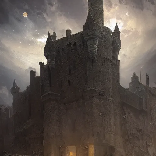 Image similar to hyperrealist portrait of a medieval castle on the Moon by Cedric Peyravernay, highly detailed, excellent composition, cinematic concept art, dramatic lighting