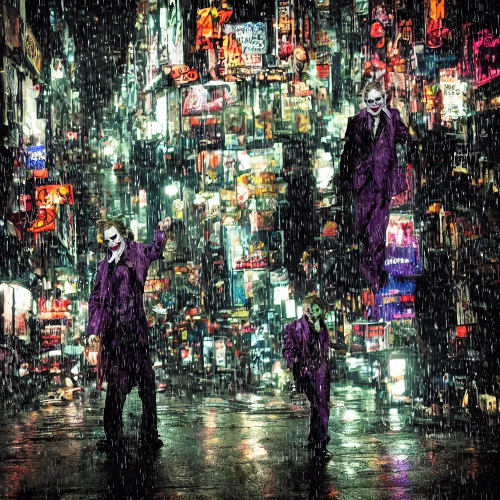 Image similar to night flash portrait photography of the joker on the lower east side by annie leibovitz, colorful!!, nighttime!, raining!