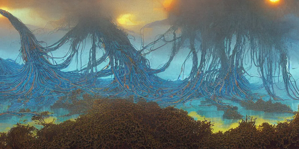 Image similar to Artwork by John Howe of the cinematic view of Jojunan, a breathtaking plane of jungles of blue tentacles, radioactive lakes, and desert valleys, lit by a warm orange twilight.