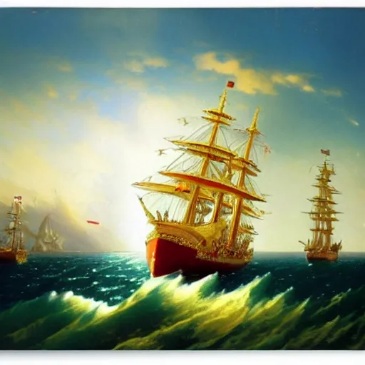 Prompt: Anime One Piece Ship, with golden Frame, made by Aivazovsky Ivan