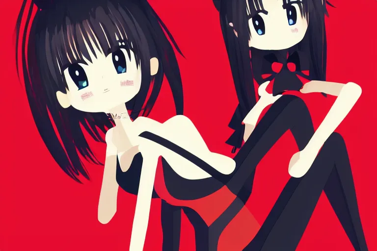 Prompt: a girl sitting vertically, wearing a black outfit with red trim, white background, soft shadow, vector shaded anime, very anime, detailed colors, digital art, 4 k