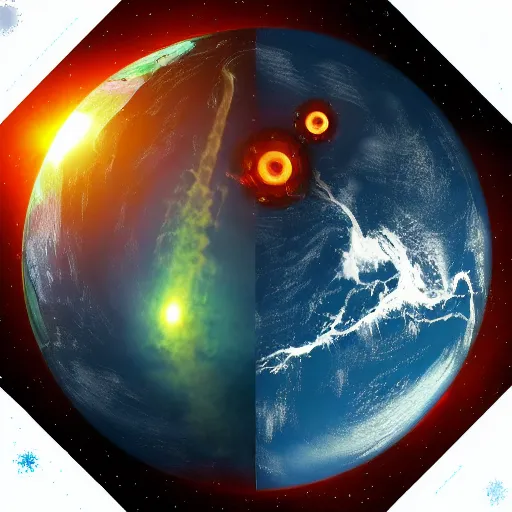 Image similar to Earth defenses 2050, gigantic space satellites, lasers firing, space station, missiles,weapons arrays, explosions, bright thin lasers, beautiful lighting