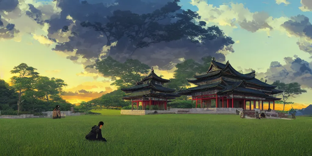 Prompt: in the green fields and mountains, chinese temple, sunset lighting, clouds, birds, bamboos, fine detail anime, cel shaded by ilya kuvshinov, katsuhiro otomo, magali, artgerm, jeremy lipkin and michael garmash and rob rey