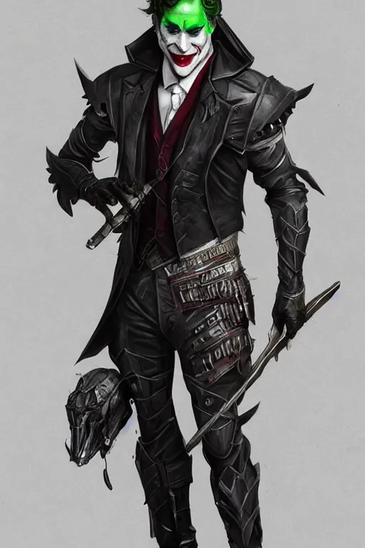 Image similar to Joker wearing armor, full character, artstation, highly detailed, highly realistic