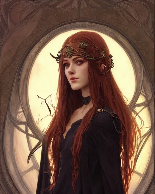 Image similar to portrait of katherine mcnamara elven mage, dark, piercing eyes, gentle expression, elegant clothing, photorealistic, highly detailed, artstation, smooth, sharp focus, art by michael whelan, artgerm, greg rutkowski and alphonse mucha