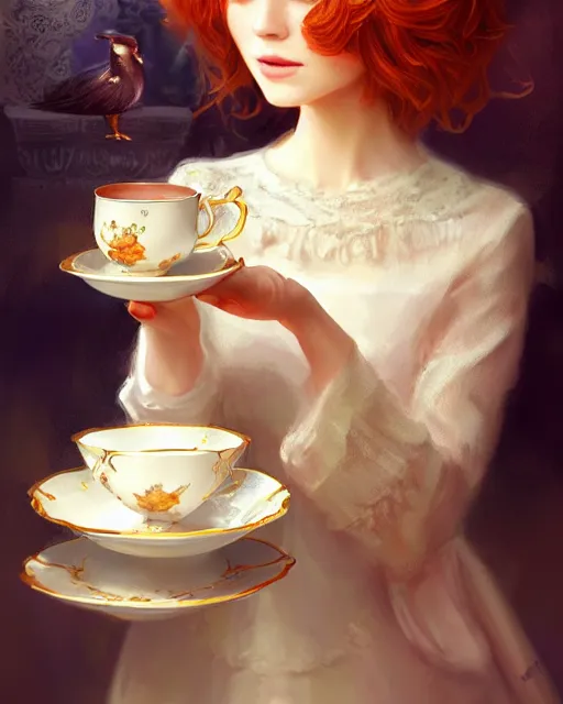 Prompt: maid cafe, ornate tea cup, perfect face, bonnet, elegant dress, ginger hair, cinematic, stunning, highly detailed, digital painting, artstation, smooth, hard focus, illustration, art by jessica rossier and and brian froud