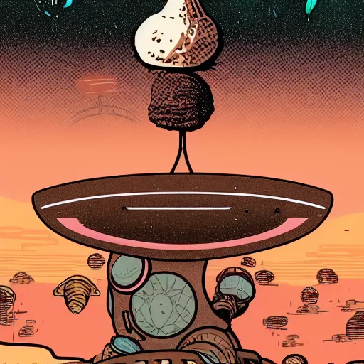 Prompt: A huge Rocket in the shape of a mushroom lifting off from a futuristic planet, by Laurie Greasley