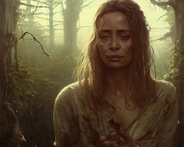 Image similar to highly detailed portrait of emmanuelle beart, in the walking dead, stephen bliss, unreal engine, fantasy art by greg rutkowski, loish, rhads, ferdinand knab, makoto shinkai and lois van baarle, ilya kuvshinov, rossdraws, tom bagshaw, global illumination, radiant light, detailed and intricate environment