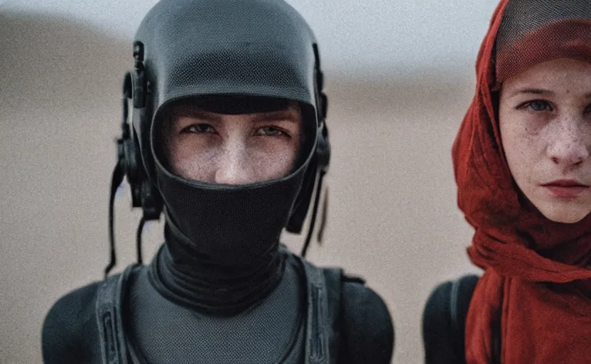 Image similar to cinestill 5 0 d candid photographic portrait by helen levitt of two loving female androids wearing rugged black mesh techwear on a desolate plain, extreme closeup, modern cyberpunk moody emotional cinematic, dust storm, 8 k, hd, high resolution, 3 5 mm, f / 3 2, ultra realistic faces, ex machina