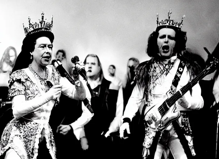 Image similar to publicity photo still of queen elizabeth in a death metal band playing live on stage, 8 k, live concert lighting, mid shot