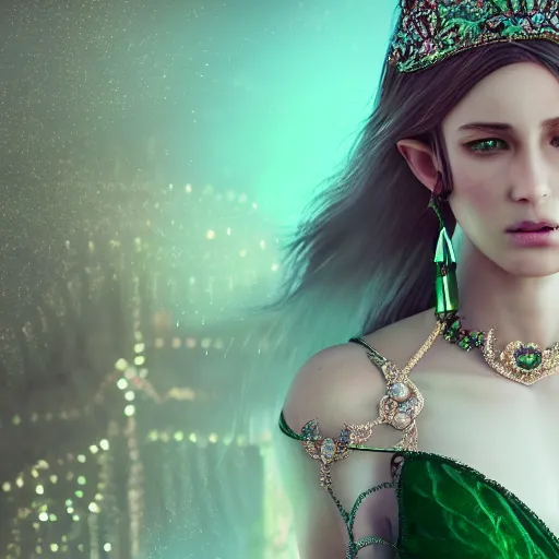 Image similar to photograph of wonderful princess with smooth fair skin, green jewelry, breathtaking, elegant, ornate, intricate, hyper detailed, accent lighting, dramatic light, 4 k octane render