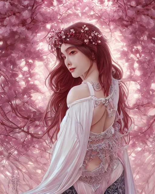 Prompt: a photograpic portrait of a anthropomorphic cherry - blossom wearing white clothes and bra, attractive, fantasy, intricate, elegant, highly detailed, digital painting, artstation, concept art, smooth, sharp focus, illustration, art by artgerm and h r giger and alphonse mucha