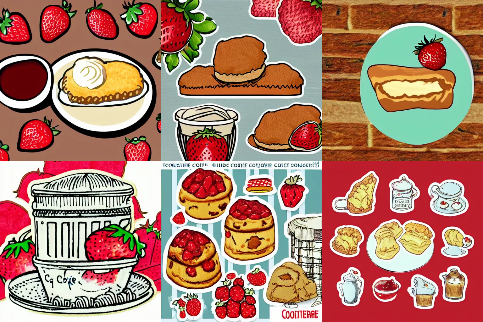 Prompt: Cottagecore English traditional scone with strawberry jam cream tea illustration sticker clip art