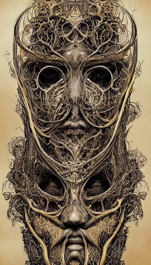 Prompt: ancient biomechanical hybrid majestic praying shaman fantasy cyber human beautiful symmetrical face mask closeup face mask tattoo pattern golden ratio concept, deep forest psytrance Neo-Gothic concept, infinity glyph swirling waves, intricate artwork masterpiece, very coherent artwork, cinematic, full frontal facial features by Artgerm, Takato Yamamoto, Zdizslaw Beksinski, Johnatan Wayshak, Moebius, H.R. Giger, Ayami Kojima, very coherent artwork, trending on cgsociety, ultra high quality model, production quality cinema model, high detail chromatic ink outline, octane render, unreal engine, 8k mandelbulber fractal, hyper realism, high detail, octane render, unreal engine, 8k, High contrast, highly detailed black ink outline