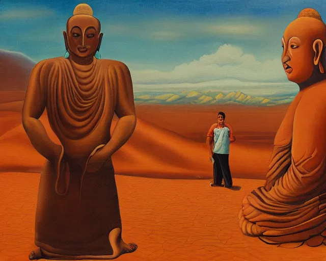 Prompt: a surreal painting of a man meeting giant buddahs eyes in the desert