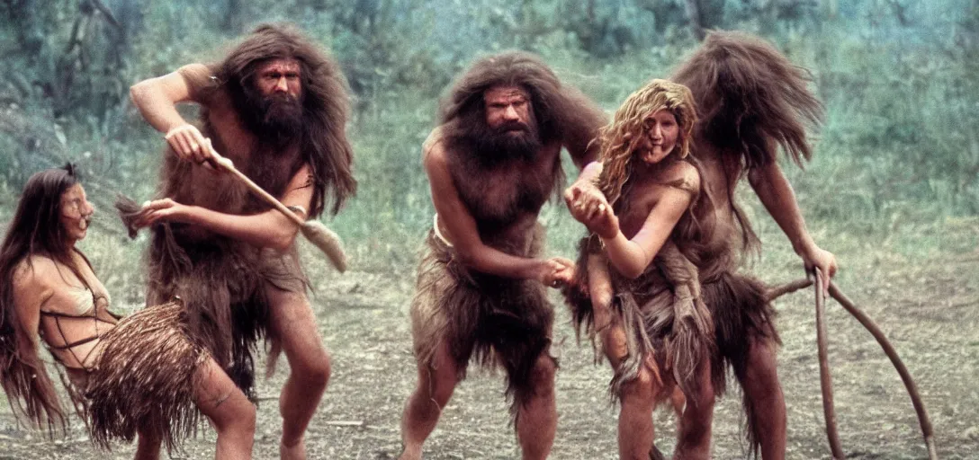 Prompt: caveman dragging a woman by her hair, a colorized photo, colorized, # film, movie still