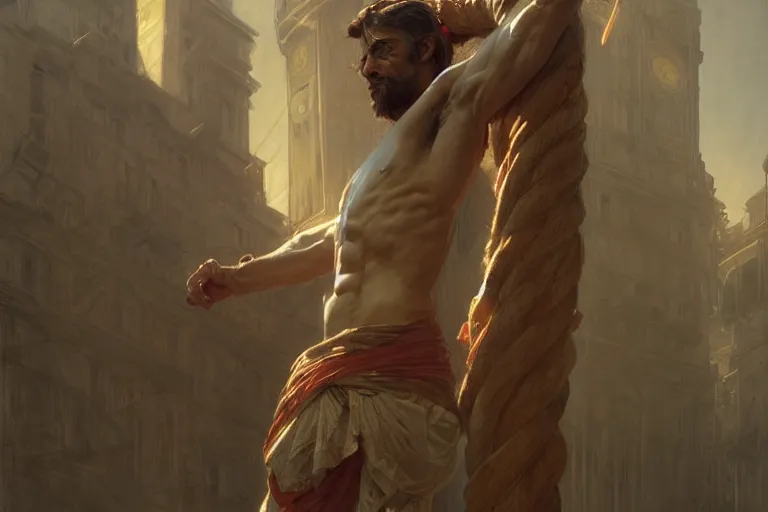 Image similar to a man tied to a pillar, highly detailed, hyperrealistic digital painting, artstation, concept art, smooth, sharp focus, illustration, cinematic lighting, art by artgerm and greg rutkowski and alphonse mucha