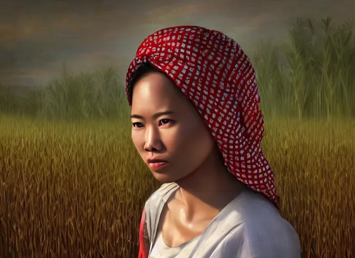 Prompt: realistic portrait photorealistic, background in the rice fields. indonesian woman in clothes made of rice straw, wearing a red and white bandana. fine art, trending on artstation, smooth draw, sharp focus, good lighting, no anomalies.