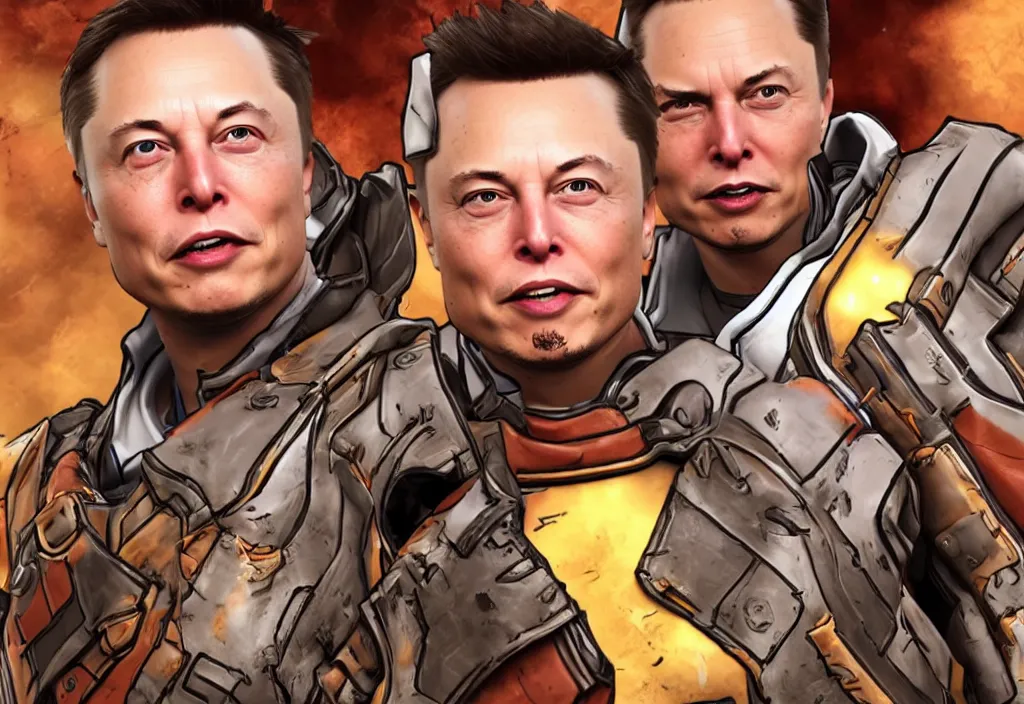 Image similar to elon musk in borderlands elon musk in the video game borderlands, gameplay screenshot, close up, 3 d rendering. unreal engine. amazing likeness. very detailed.