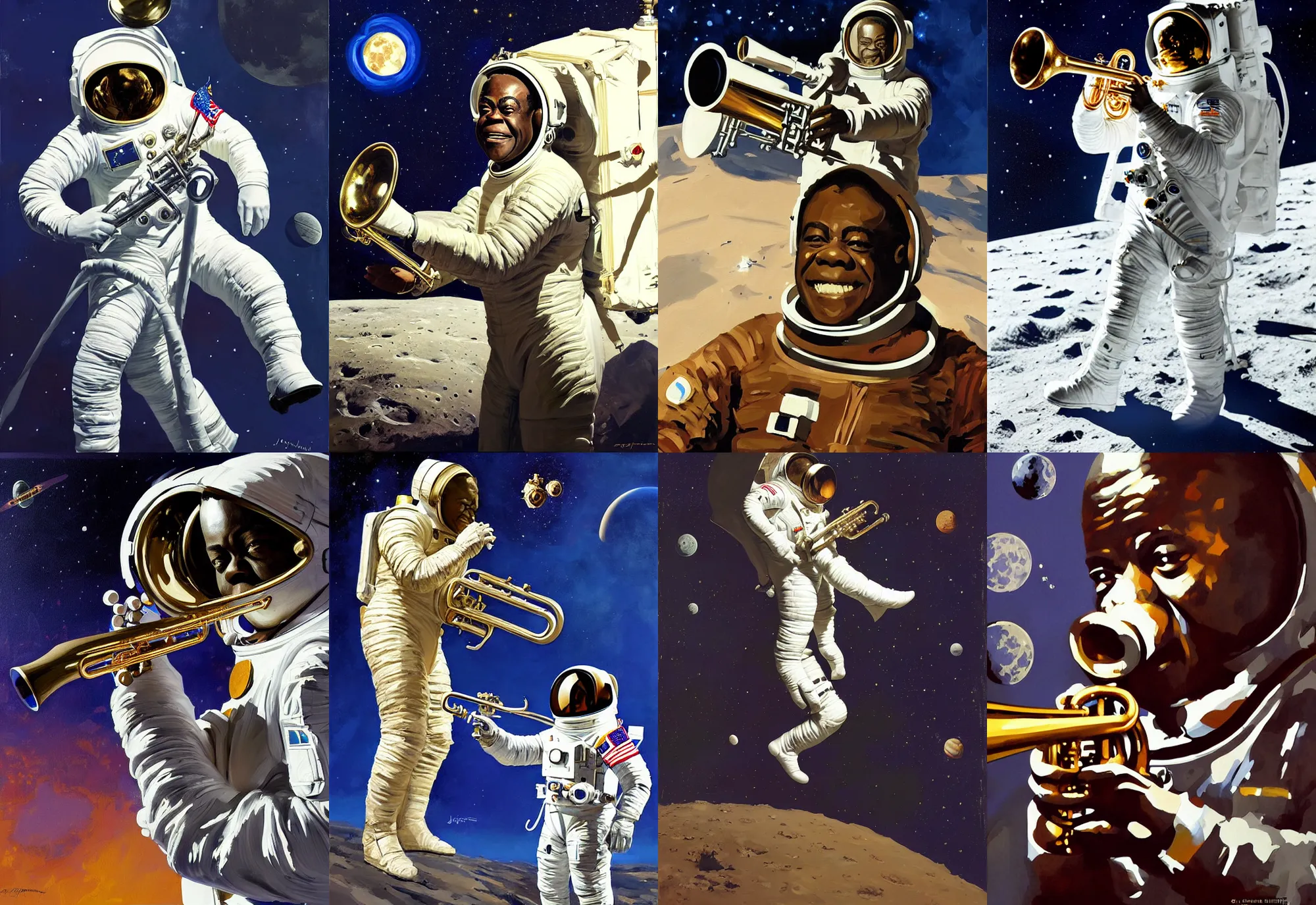 Prompt: a portrait of louis armstrong wearing a space suit on the moon, with a faraway trumpet floating in space, by greg manchess and john singer sargent and jonathan yeo, dramatic lighting, highly detailed digital painting