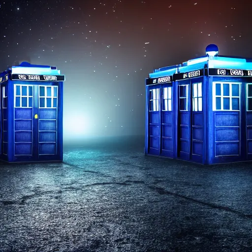 Image similar to a hyperdetailed photograph of the tardis sat on a futuristic street corner, night, dense fog, rain, hd, 8 k resolution