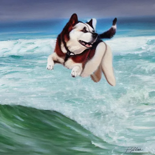 Prompt: painting of an american akita surfing