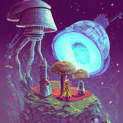 Prompt: On the morning of the robot queen's coronation, The Mekanik Doll, an elderly mushroom walking their pet snail, Mount Fuji seen from the International Space Station, the theme of Alice in Wonderland, digital painting, concept art, illustration, deep dark, artstation, intricate, beautiful and thematically complex, ue5, by deiv calviz and bossmonsterbani