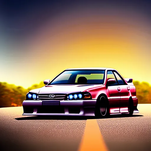 Image similar to a car drifting Toyota JZX100 in middle of road, gunma prefecture, city sunset, cinematic color, photorealistic, highly detailed, bokeh