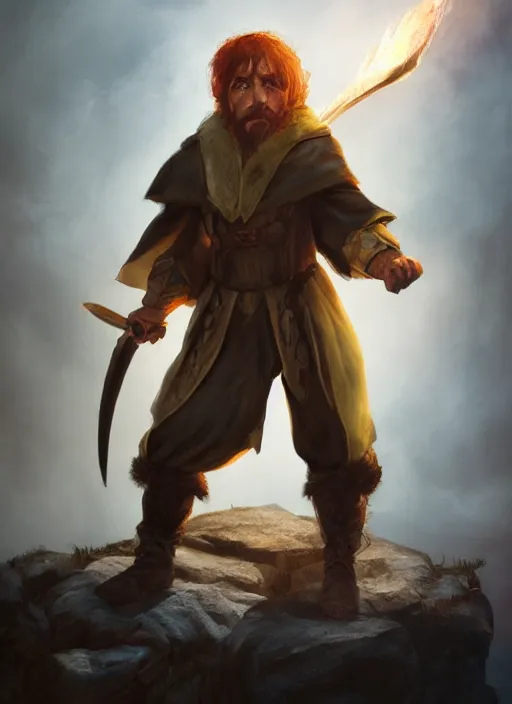 Image similar to A fantasy comic book style portrait painting of a hobbit warrior as a Sorcerer in a atmospheric dark fortress, unreal 5, DAZ, hyperrealistic, octane render, RPG portrait, ambient light, dynamic lighting