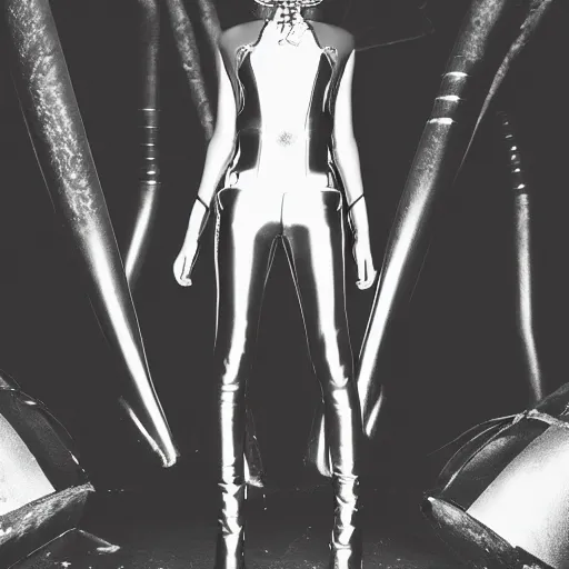 Image similar to fashion photography of an extraterrestrial model, holding a leather whip, wearing demobaza fashion, inside berghain, berlin fashion, harness, futuristic fashion, dark minimal outfit, photo 3 5 mm leica, hyperdetail, berghain, 8 k, very detailed, photo by nick knight