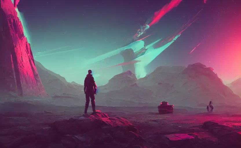 Prompt: Andromeda night celebration, Low level, rendered by Beeple, Makoto Shinkai, syd meade, simon stålenhag, environment concept, synthwave style, digital art, unreal engine, WLOP, trending on artstation, 4K UHD image, octane render,