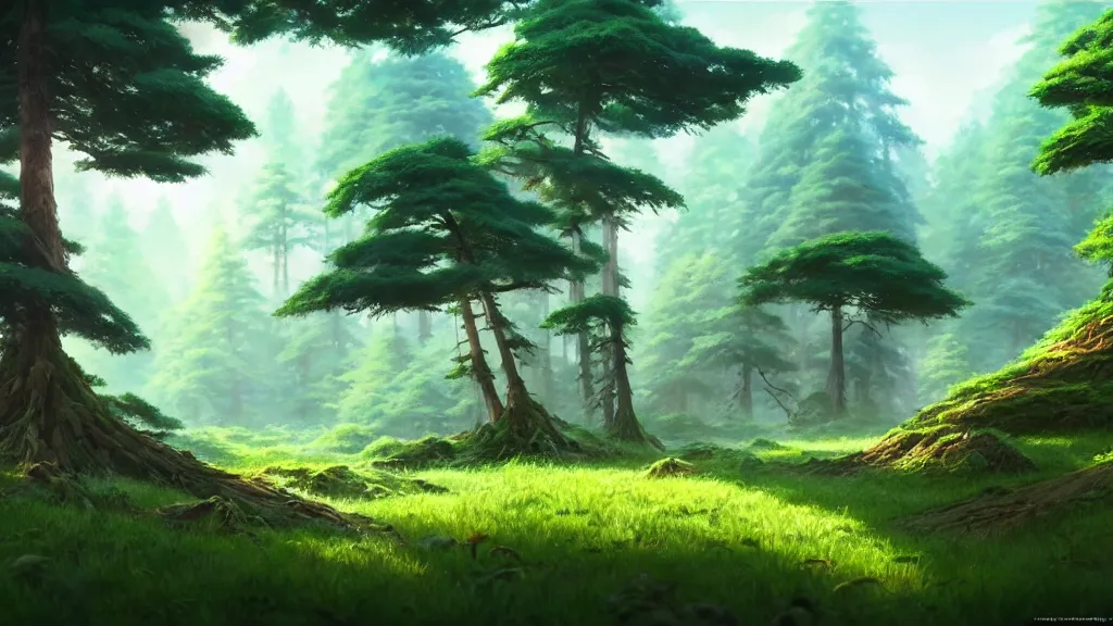 Image similar to forest clearing landscape, studio ghibli, pixar and disney animation, sharp, rendered in unreal engine 5, highly detailed, digital painting, artstation, concept art, smooth, sharp focus, illustration, wide angle, artbook, wallpaper, splash art, promo art, dramatic lighting, art by artgerm and greg rutkowski and bo chen and jin xiaodi