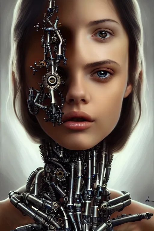 Prompt: a photorealistic painting of an attractive young girl, partially covered in cyborg and robotic mechanical parts, olive skin, long dark hair, beautiful bone structure, symmetrical face, perfect eyes, intricate, elegant, digital painting, concept art, illustration, sharp focus, in the style of Diego Velázquez