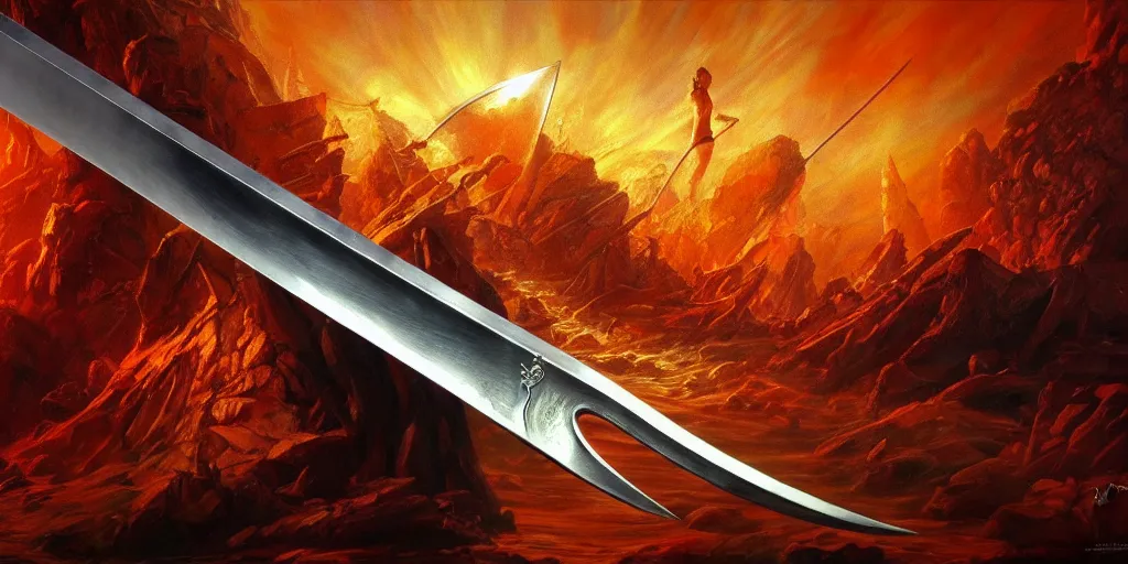 Prompt: hyperrealist painting of a beautiful apolled sword in a mural that recounts the fall of a god. by ciruelo cabral, fantasy art, photo realistic, dynamic lighting, artstation, poster, volumetric lighting, very detailed faces, 4 k, award winning